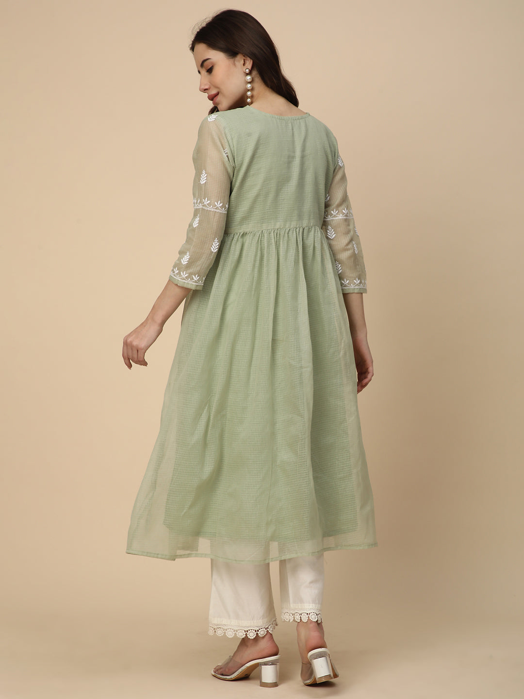RATAN Women's Muga Cotton Flared Lucknowi Chikankari Ethnic Wear Kurta