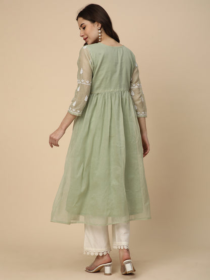 RATAN Women's Muga Cotton Flared Lucknowi Chikankari Ethnic Wear Kurta
