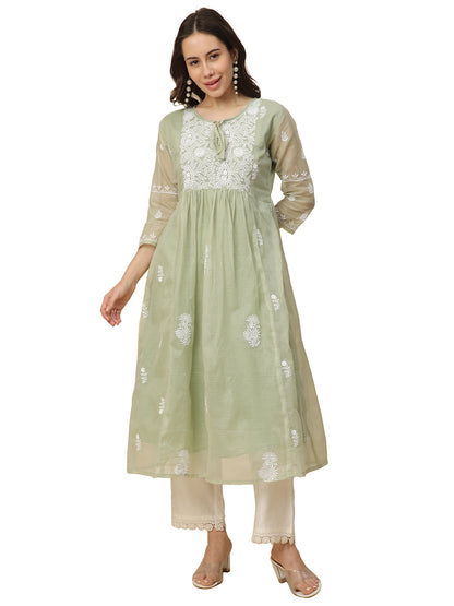 RATAN Women's Muga Cotton Flared Lucknowi Chikankari Ethnic Wear Kurta