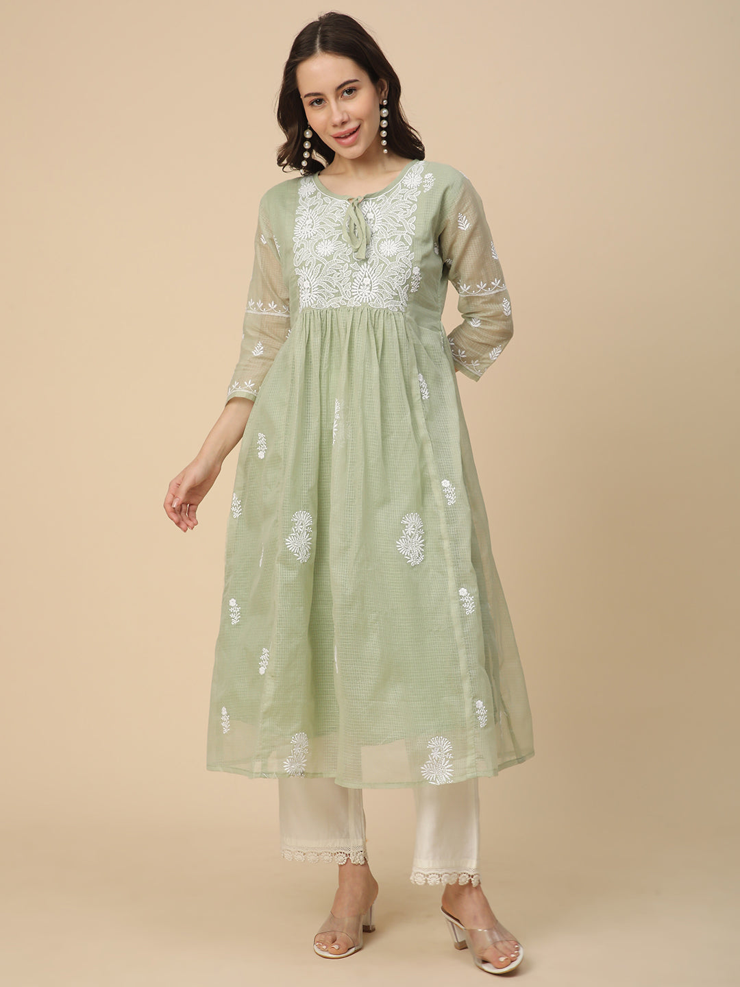 RATAN Women's Muga Cotton Flared Lucknowi Chikankari Ethnic Wear Kurta