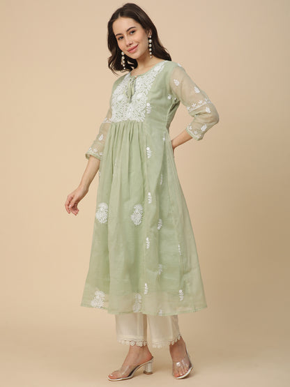 RATAN Women's Muga Cotton Flared Lucknowi Chikankari Ethnic Wear Kurta