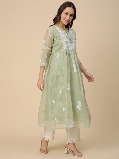 RATAN Women's Muga Cotton Flared Lucknowi Chikankari Ethnic Wear Kurta