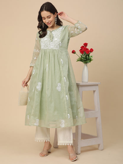 RATAN Women's Muga Cotton Flared Lucknowi Chikankari Ethnic Wear Kurta