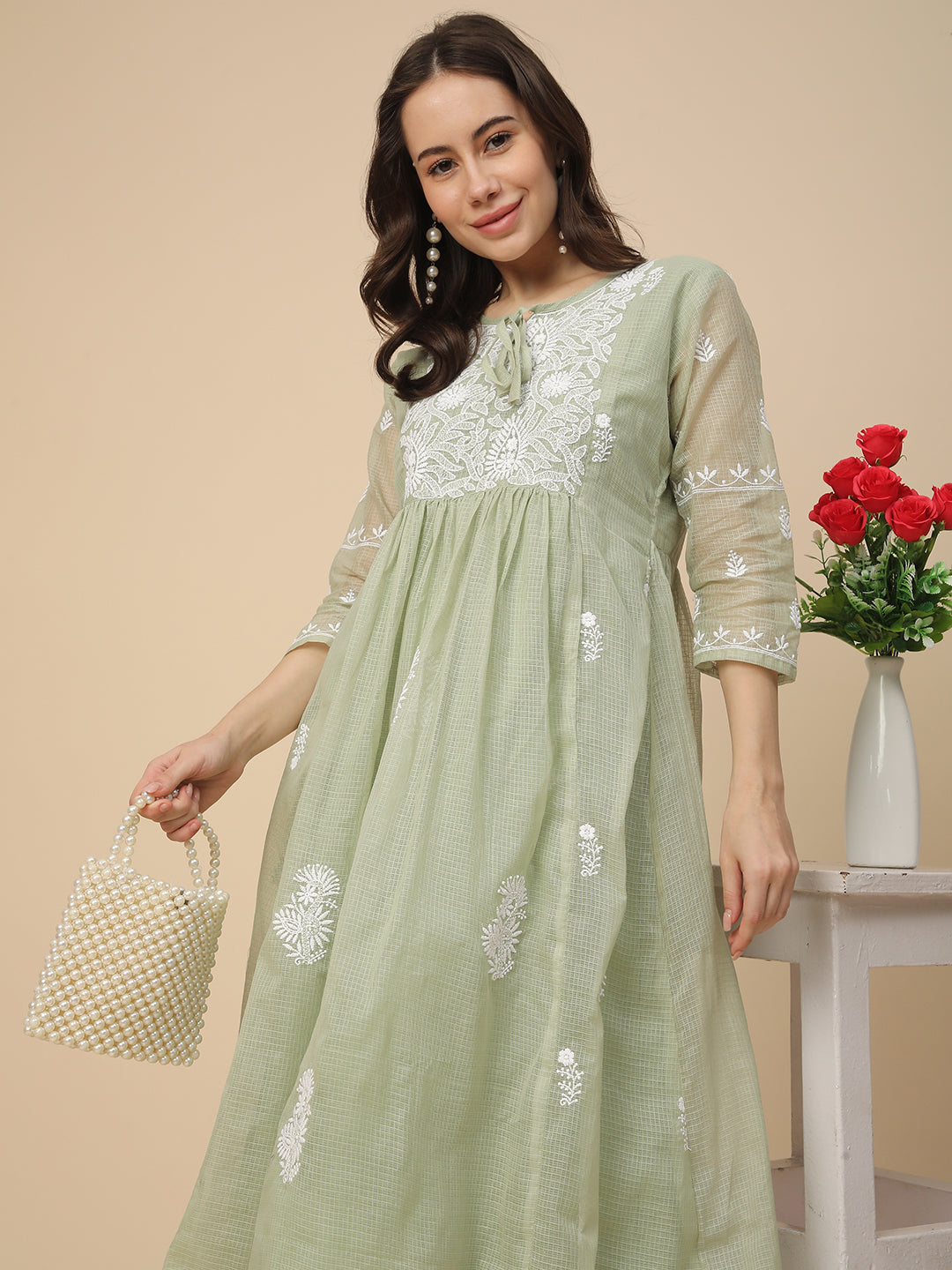 RATAN Women's Muga Cotton Flared Lucknowi Chikankari Ethnic Wear Kurta