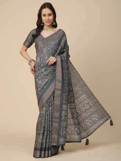 Printed Art Silk Saree with Unstitched Blouse Piece