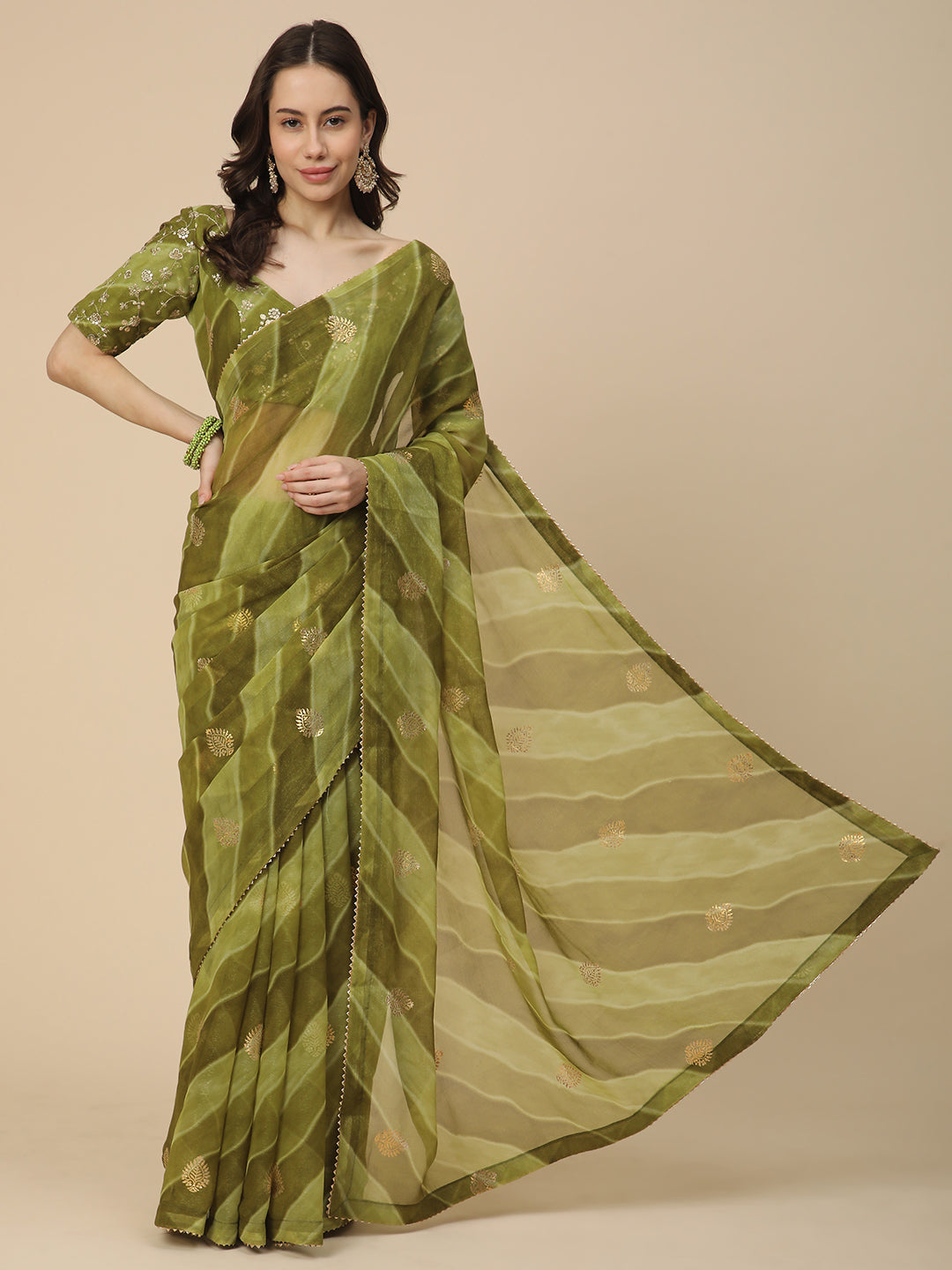Shimmer Georgette Leheriya Printed Saree with Embroidered Blouse Piece