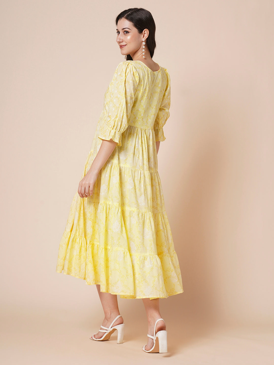 Women's Pure Cotton Tiered Printed Flared Kurti Gown Maxi Dress