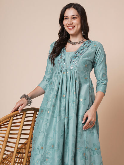 Women's Gold Printed Viscose Flared Mirrorwork Ethnic Wear Anarkali Kurta