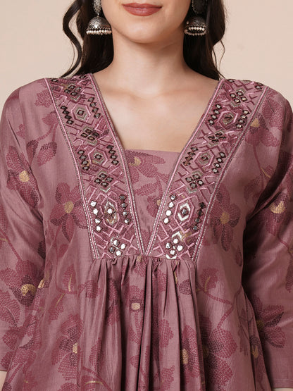 Women's Gold Printed Viscose Flared Mirrorwork Ethnic Wear Anarkali Kurta