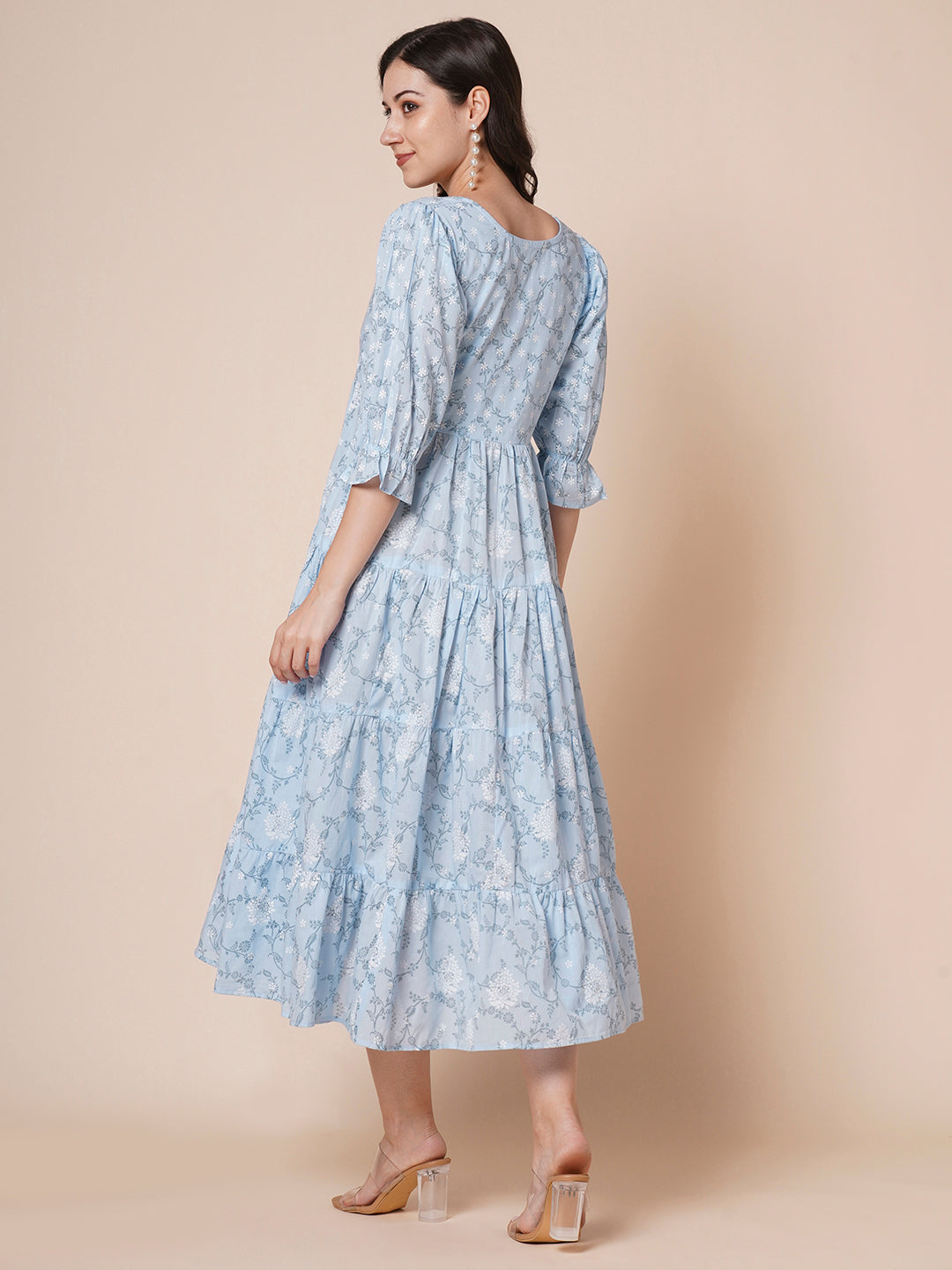 Women's Pure Cotton Tiered Printed Flared Kurti Gown Maxi Dress