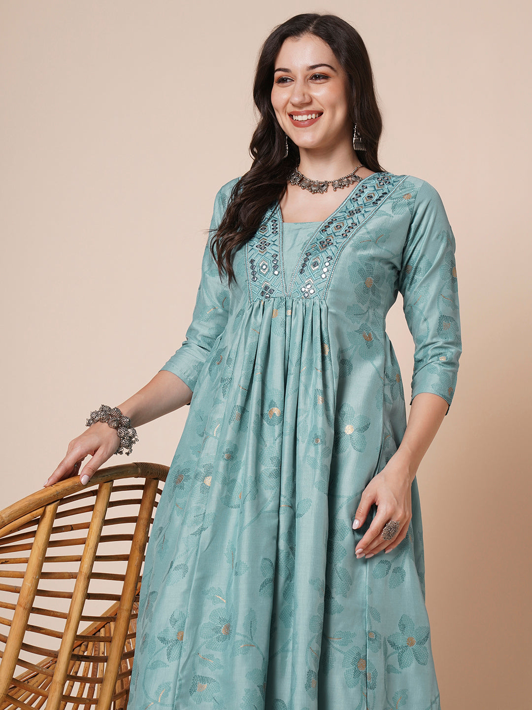 RATAN Women's Gold Printed Viscose Flared Mirrorwork Ethnic Wear Anarkali Kurta