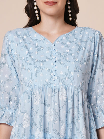 Women's Pure Cotton Tiered Printed Flared Kurti Gown Maxi Dress