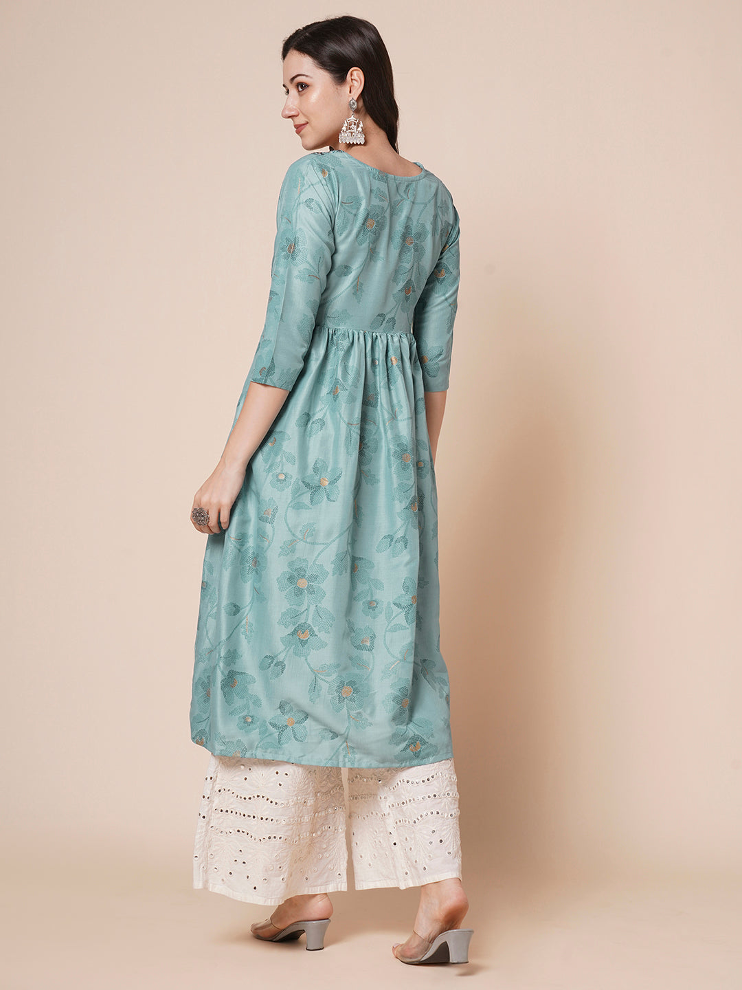 Women's Gold Printed Viscose Flared Mirrorwork Ethnic Wear Anarkali Kurta