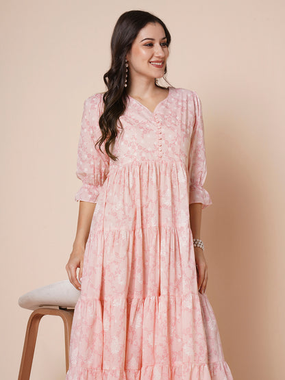 RATAN Women's Pure Cotton Tiered Printed Flared Kurti Gown Maxi Dress