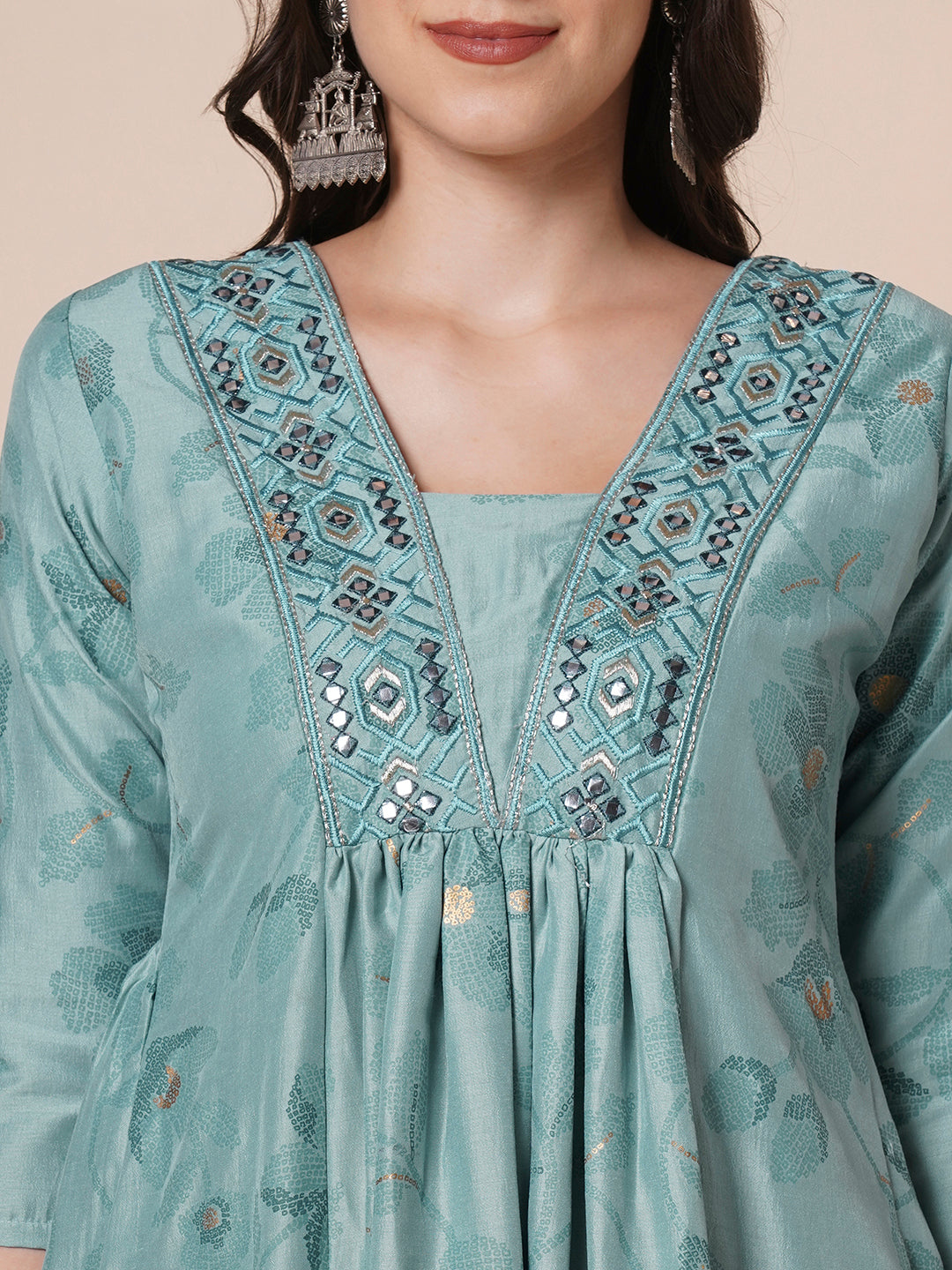 RATAN Women's Gold Printed Viscose Flared Mirrorwork Ethnic Wear Anarkali Kurta