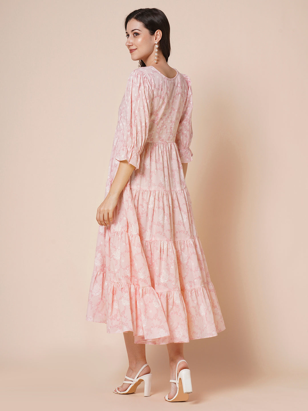 Women's Pure Cotton Tiered Printed Flared Kurti Gown Maxi Dress