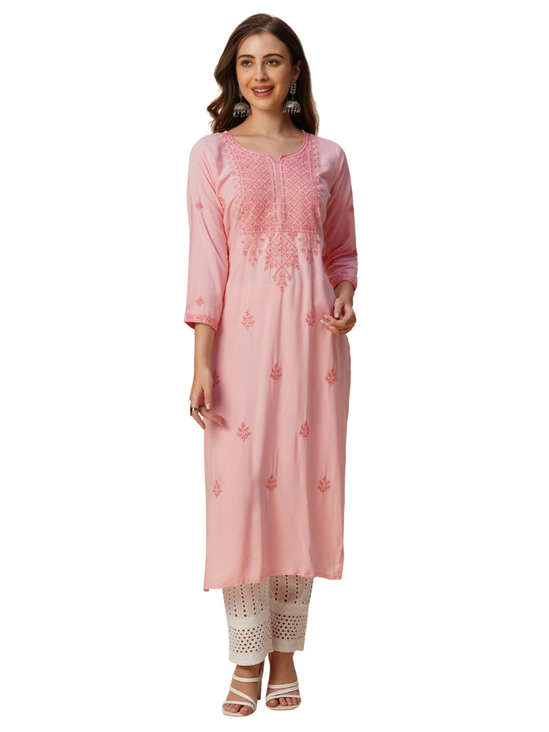 RATAN Women's Rayon Straight Lucknowi Chikankari Ethnic Wear Kurta