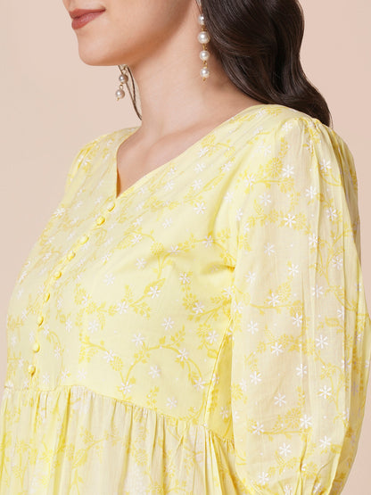RATAN Women's Pure Cotton Tiered Printed Flared Kurti Gown Maxi Dress