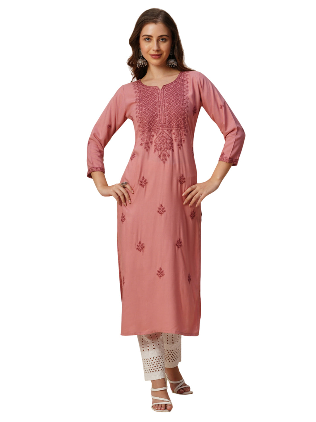 RATAN Women's Rayon Straight Lucknowi Chikankari Ethnic Wear Kurta