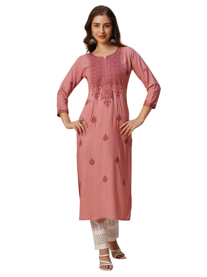 RATAN Women's Rayon Straight Lucknowi Chikankari Ethnic Wear Kurta