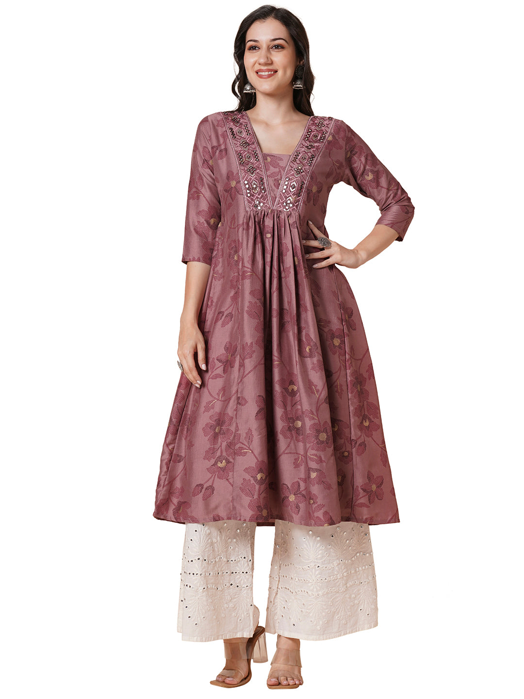 Women's Gold Printed Viscose Flared Mirrorwork Ethnic Wear Anarkali Kurta