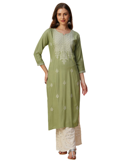 Rayon Straight Lucknowi Chikankari Ethnic Wear Kurta