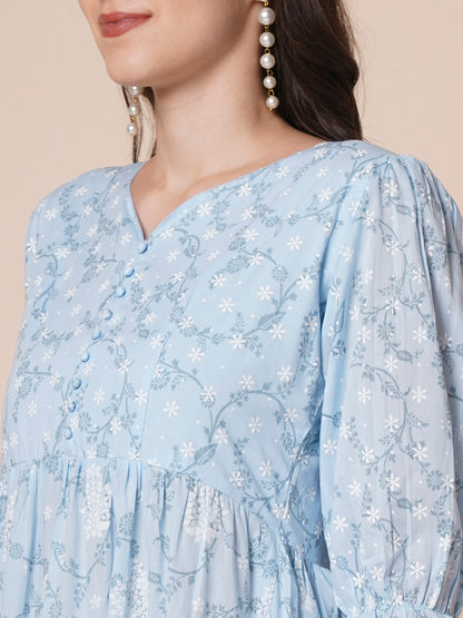RATAN Women's Pure Cotton Tiered Printed Flared Kurti Gown Maxi Dress