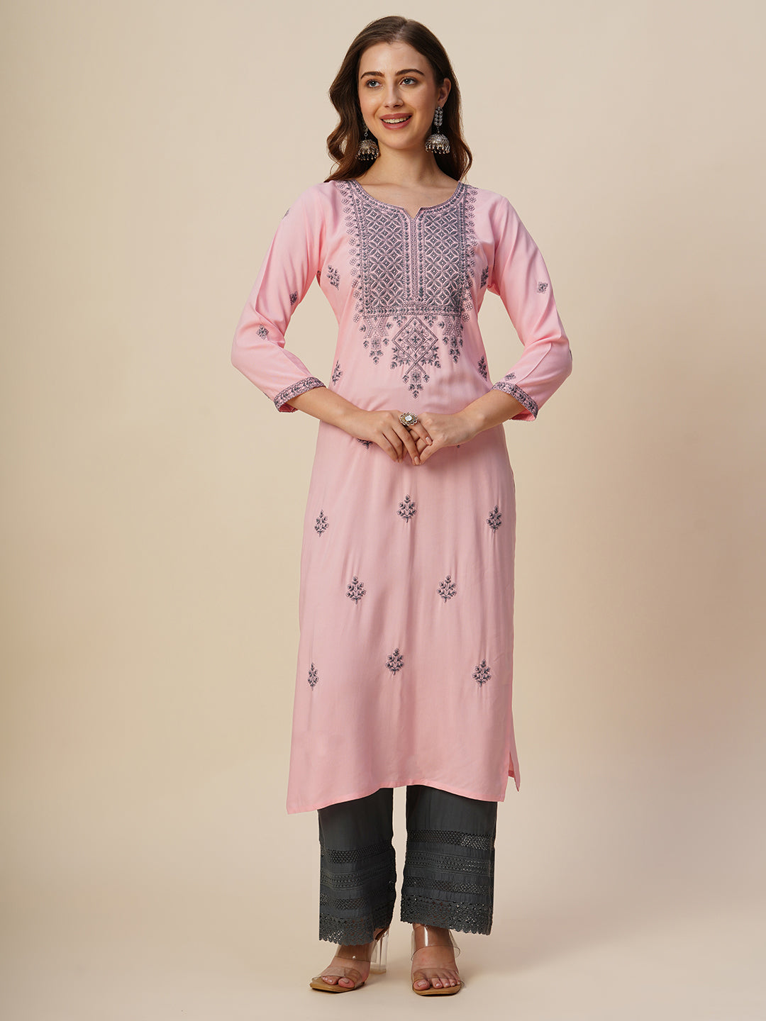Rayon Straight Lucknowi Chikankari Ethnic Wear Kurta