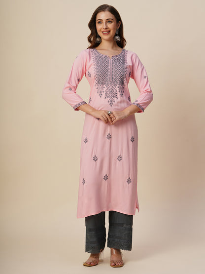 Rayon Straight Lucknowi Chikankari Ethnic Wear Kurta