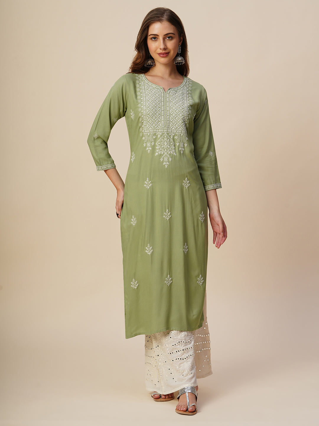 Rayon Straight Lucknowi Chikankari Ethnic Wear Kurta