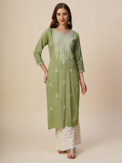 Rayon Straight Lucknowi Chikankari Ethnic Wear Kurta