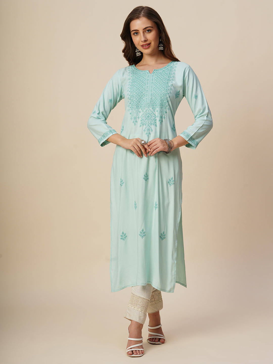 RATAN Women's Rayon Straight Lucknowi Chikankari Ethnic Wear Kurta