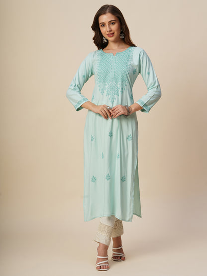 RATAN Women's Rayon Straight Lucknowi Chikankari Ethnic Wear Kurta