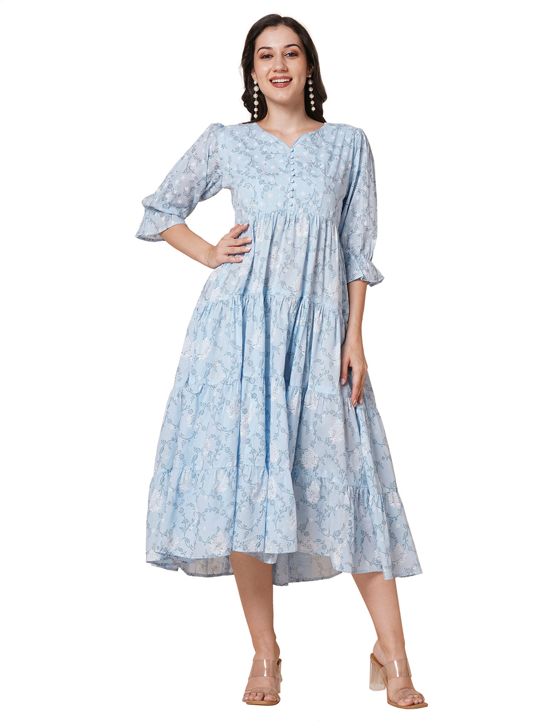 RATAN Women's Pure Cotton Tiered Printed Flared Kurti Gown Maxi Dress