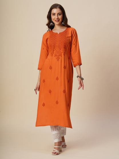 RATAN Women's Rayon Straight Lucknowi Chikankari Ethnic Wear Kurta