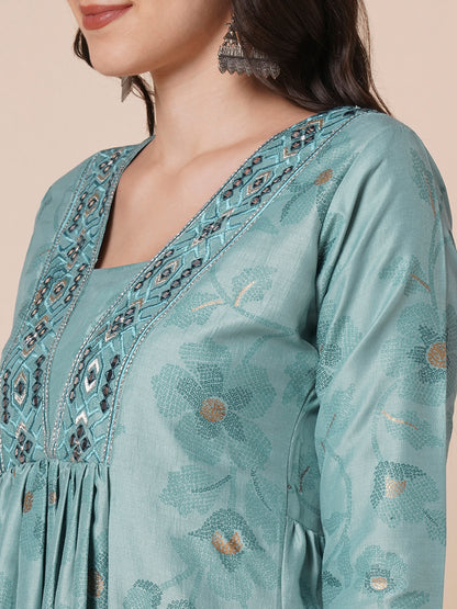 Women's Gold Printed Viscose Flared Mirrorwork Ethnic Wear Anarkali Kurta