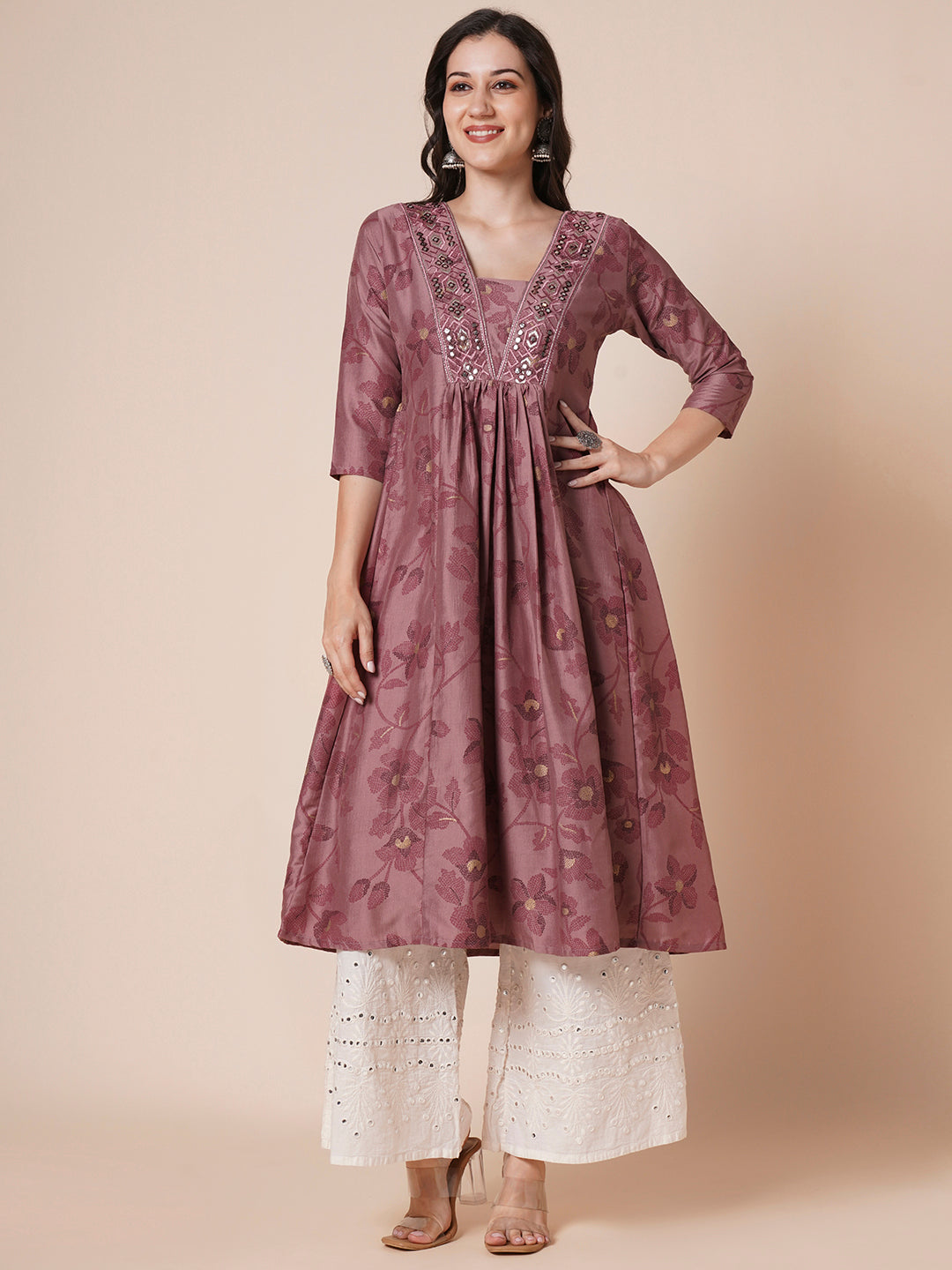 RATAN Women's Gold Printed Viscose Flared Mirrorwork Ethnic Wear Anarkali Kurta