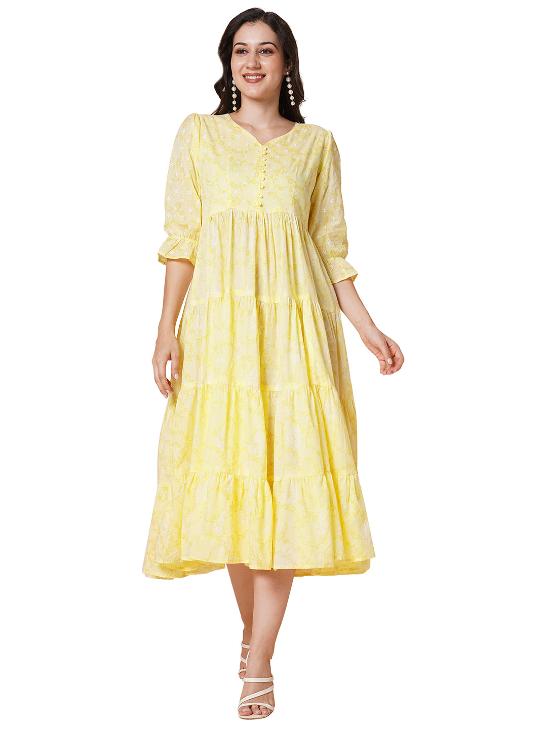 RATAN Women's Pure Cotton Tiered Printed Flared Kurti Gown Maxi Dress