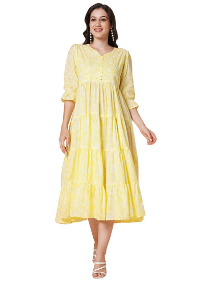RATAN Women's Pure Cotton Tiered Printed Flared Kurti Gown Maxi Dress