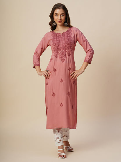 RATAN Women's Rayon Straight Lucknowi Chikankari Ethnic Wear Kurta
