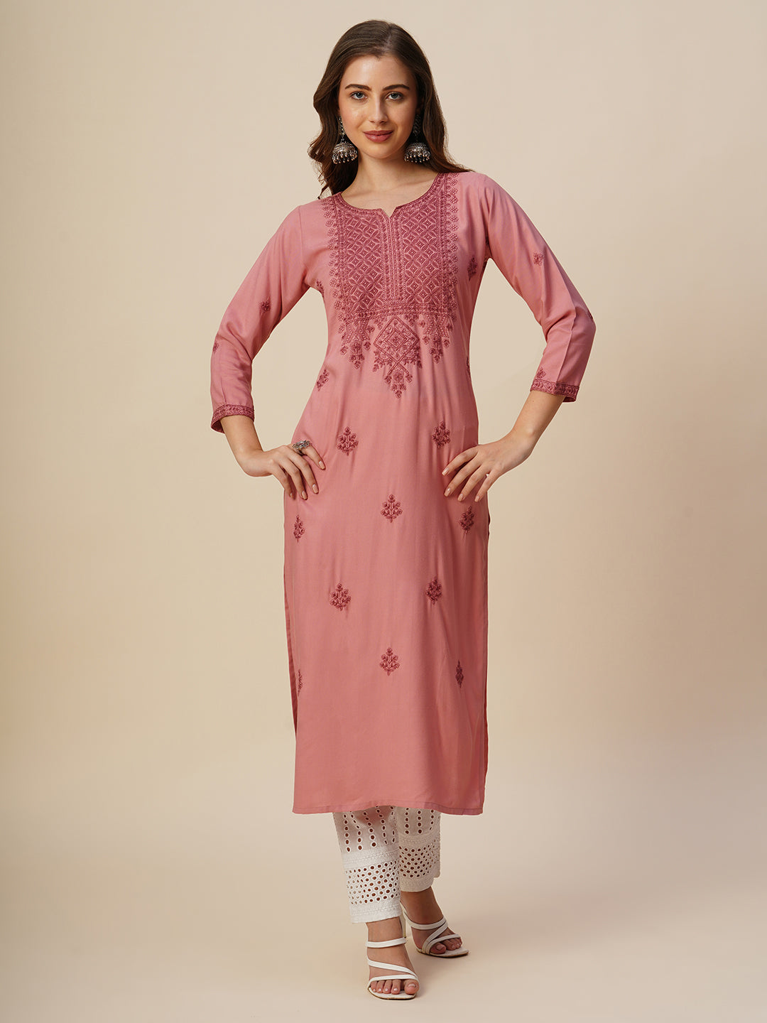 Rayon Straight Lucknowi Chikankari Ethnic Wear Kurta