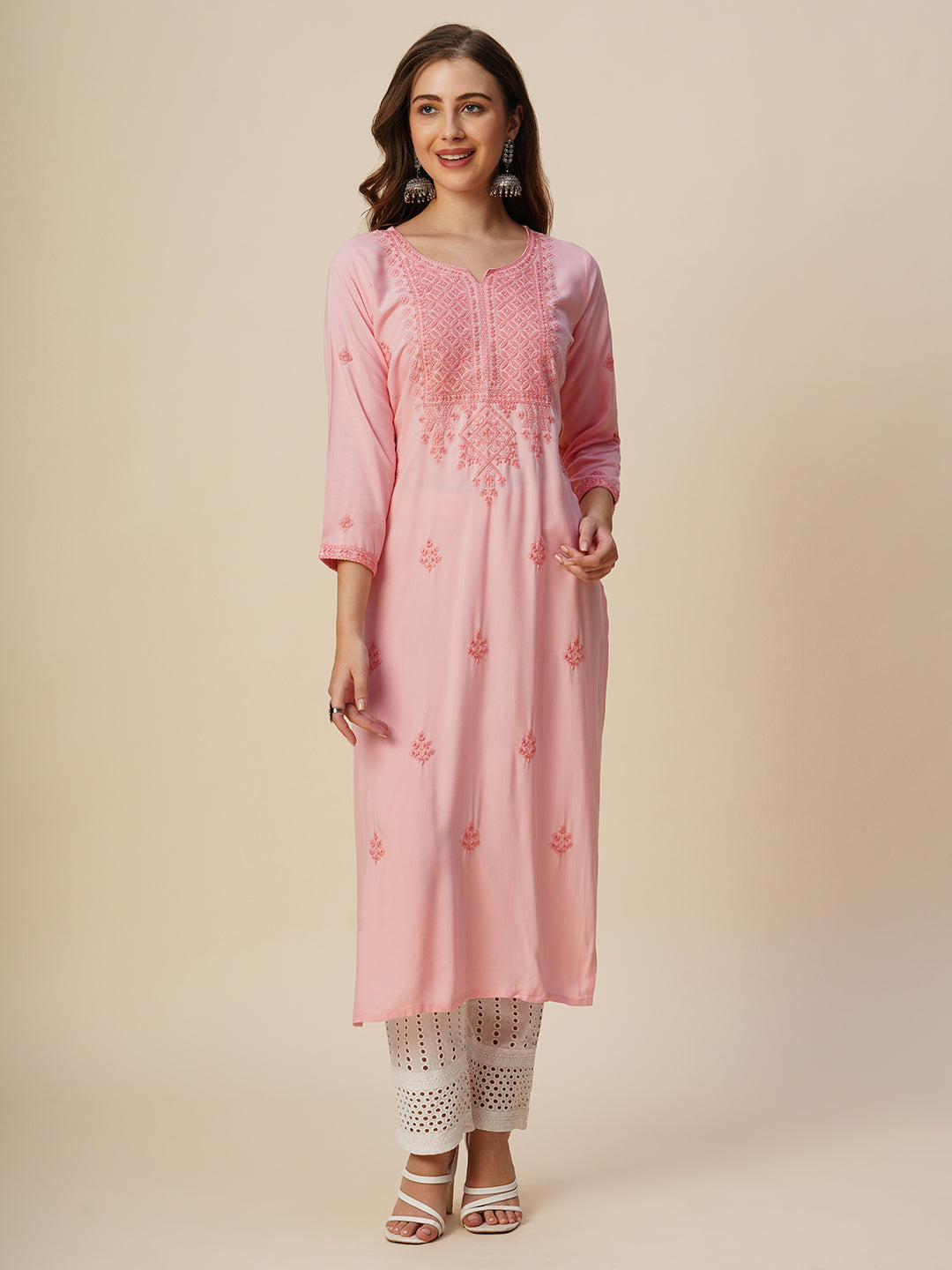 Rayon Straight Lucknowi Chikankari Ethnic Wear Kurta