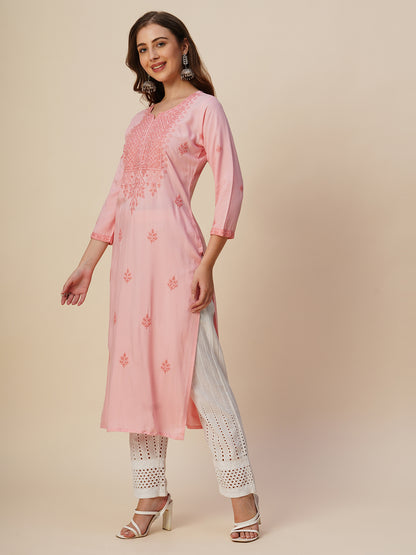 RATAN Women's Rayon Straight Lucknowi Chikankari Ethnic Wear Kurta
