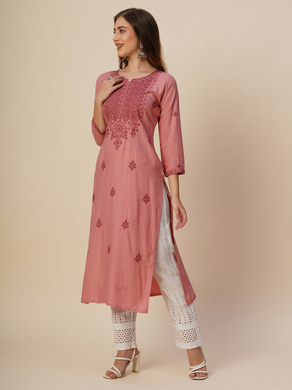 Rayon Straight Lucknowi Chikankari Ethnic Wear Kurta