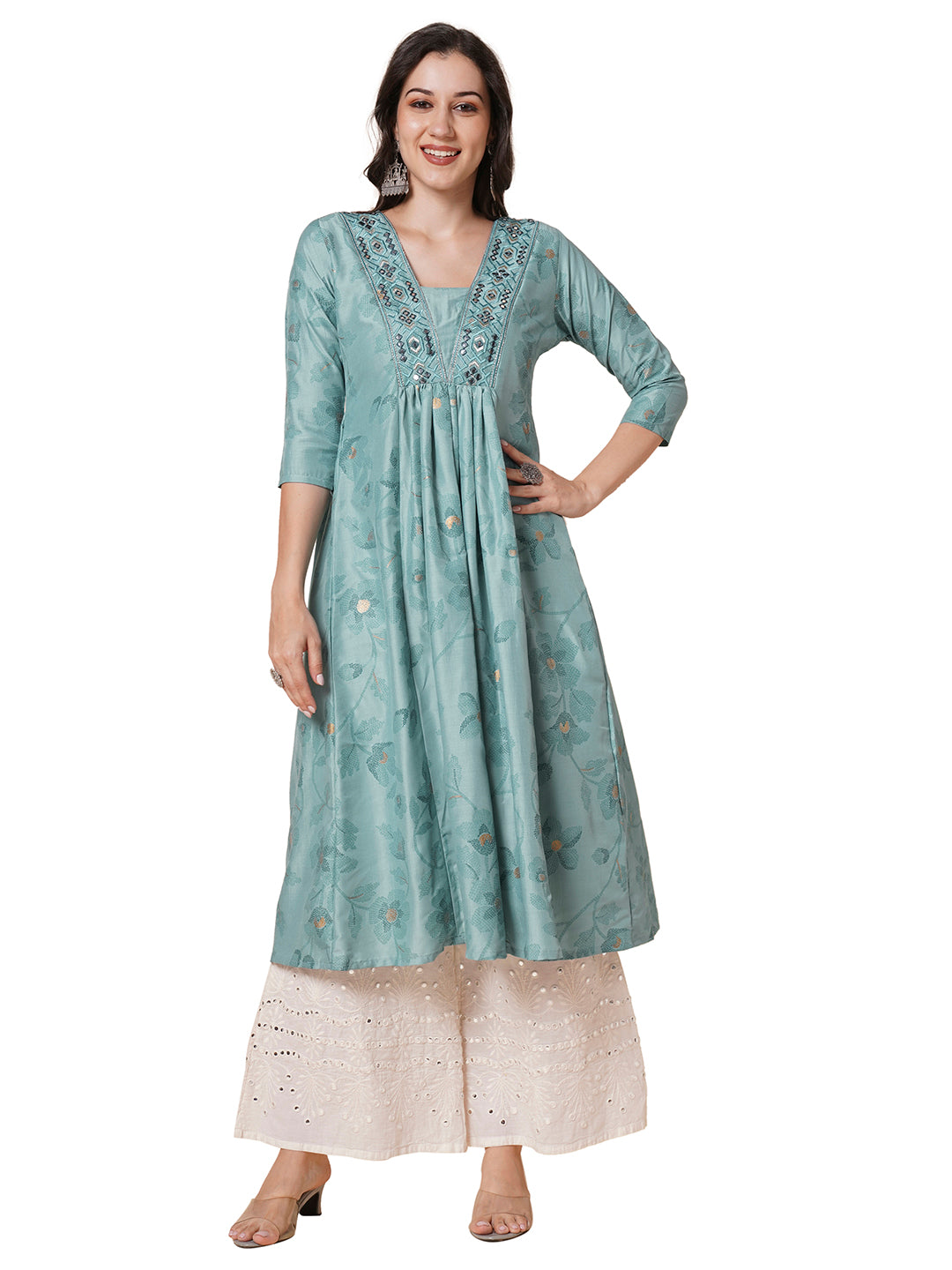 RATAN Women's Gold Printed Viscose Flared Mirrorwork Ethnic Wear Anarkali Kurta