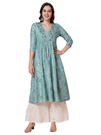 RATAN Women's Gold Printed Viscose Flared Mirrorwork Ethnic Wear Anarkali Kurta