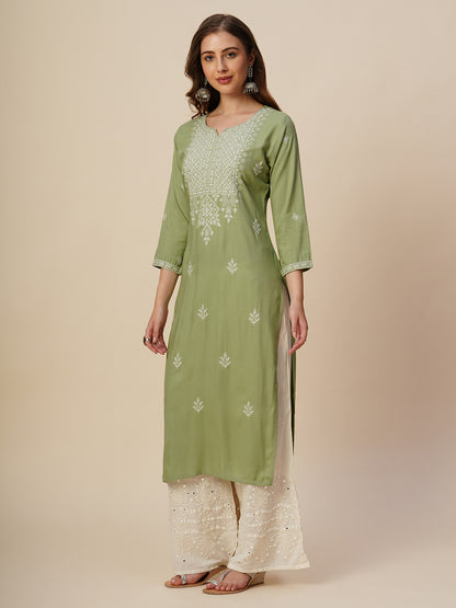 RATAN Women's Rayon Straight Lucknowi Chikankari Ethnic Wear Kurta