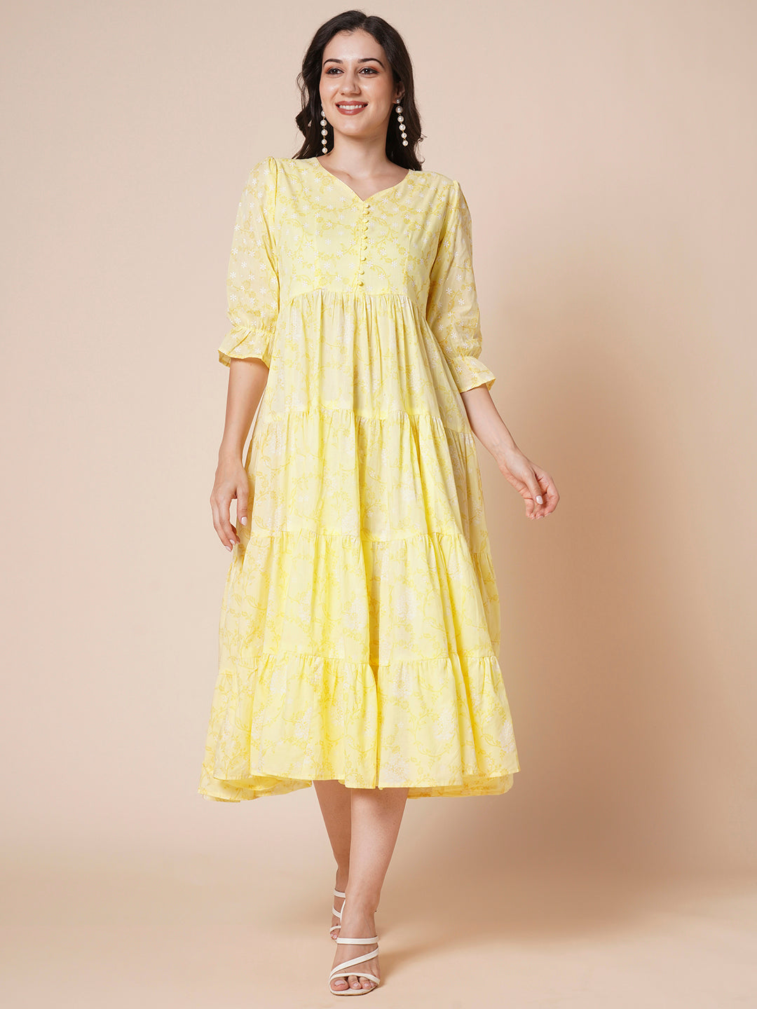 RATAN Women's Pure Cotton Tiered Printed Flared Kurti Gown Maxi Dress