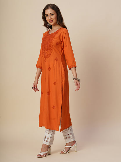Rayon Straight Lucknowi Chikankari Ethnic Wear Kurta