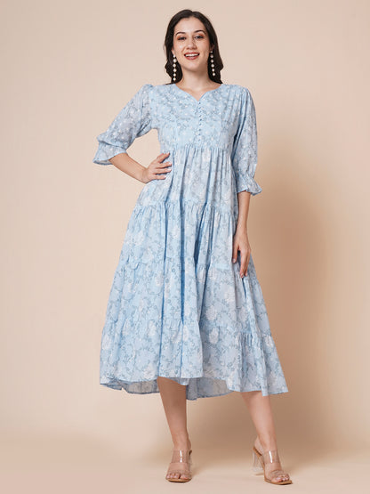 RATAN Women's Pure Cotton Tiered Printed Flared Kurti Gown Maxi Dress